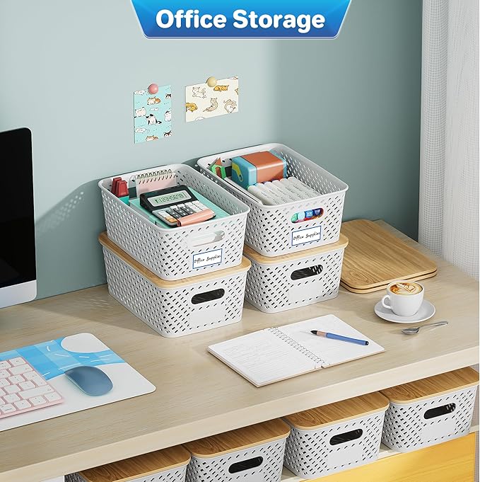 8 Packs Plastic Storage Bins with Bamboo Lids - Stackable Storage Bins Decorative Small Basket Containers for Organizing Shelves Office Classroom Desktop Closet, Cream White