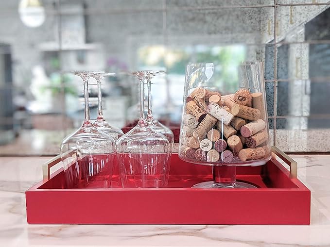 Decorative Coffee Table Tray - Ottoman Tray - Breakfast, Drinks, Liquor Serving Tray - from Farmhouse to Modern - Matte Finish - Champagne Gold Handles - Crimson Red