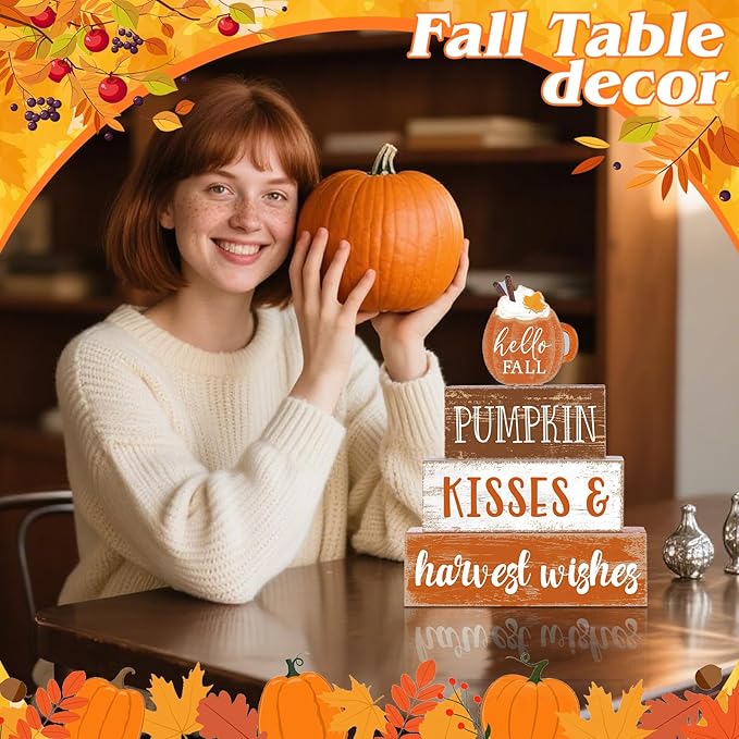 4 Pcs Fall Decor for Home Hello Fall Wooden Signs with Sayings Autumn Thanksgiving Tiered Tray Decor Pumpkin Ice Cream Tabletop Centerpiece Harvest Wishes Block Signs for Office Kitchen Shelf