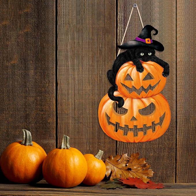 HPNIUB Black Cat Halloween Plaque, Cute & Scary Wooden Sign for Front Door Decor - 9.4x15.3 Inch