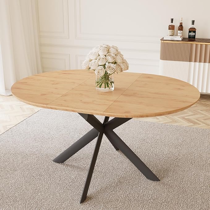 43.2"-59.1" Extendable Round Dining Table, Mid Century Modern Wooden Round Table, Leisure Oak Coffee Table,Saving Space