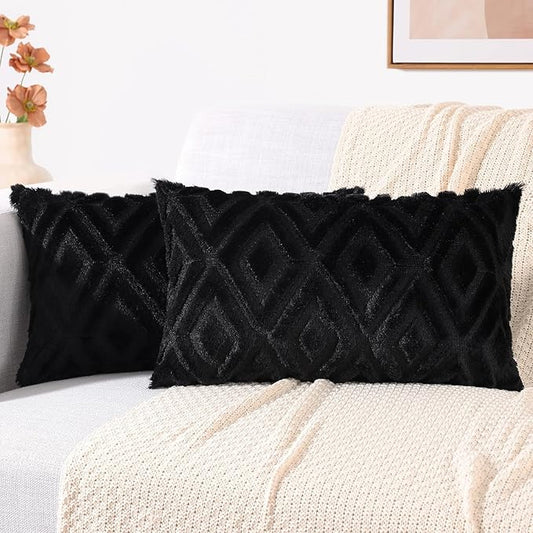 decorUhome Couch Throw Pillow Covers 12x20 Set of 2, Decorative Soft Plush Faux Wool Lumbar Neutral Accent Pillow Covers for Bed Sofa Living Room, Black