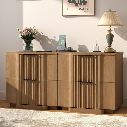 Yechen Fluted Night Stand Set 2 with 20W Fast Charging Station - Large Wood Nightstands with 2 Drawers, Modern Farmhouse Wide Bedside End Tables for Bedroom with Curved Profile Base, Natural Oak