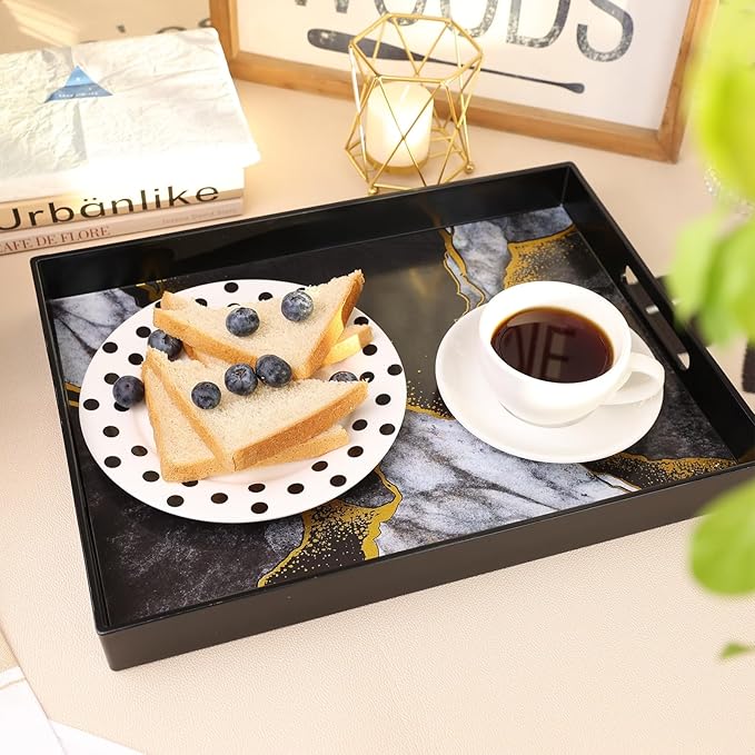 Marble Black Decorative Tray for Coffee Table, Ottoman, Rectangular Plastic Serving Platter Tray with Handles for Entertaining, Outdoor Patio, Living Room Counter, 15.7”*11.8”*1.6”