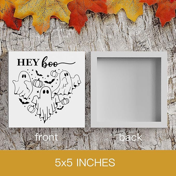 HTBIG Funny Halloween Pooky Ghost Decor Office Wood Box Sign Home Rustic Farmhouse Square Desk Decor Sign for Shelf Room Desk 5 x 5 Inch