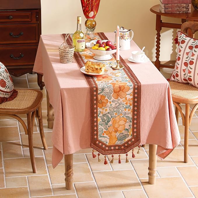 Designer Vintage Orange Floral Small Table Runner,French Farmhouse Soft Linen Coffee Table Runners 63 Inches Long,Decor Tabletop for Kitchen,Dining,Party,Home,Christmas,12"*63"