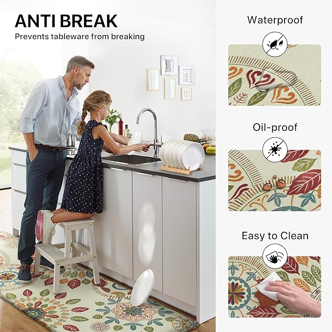 GENIMO Kitchen Mats for Floor 2PCS, Cushioned Kitchen Rugs Non Slip Washable, Farmhouse Anti Fatigue Mat Waterproof, Comfort Standing Mat Rug for Office, Home, Laundry, 17.3"x47"+17.3"x30", Beige&Red