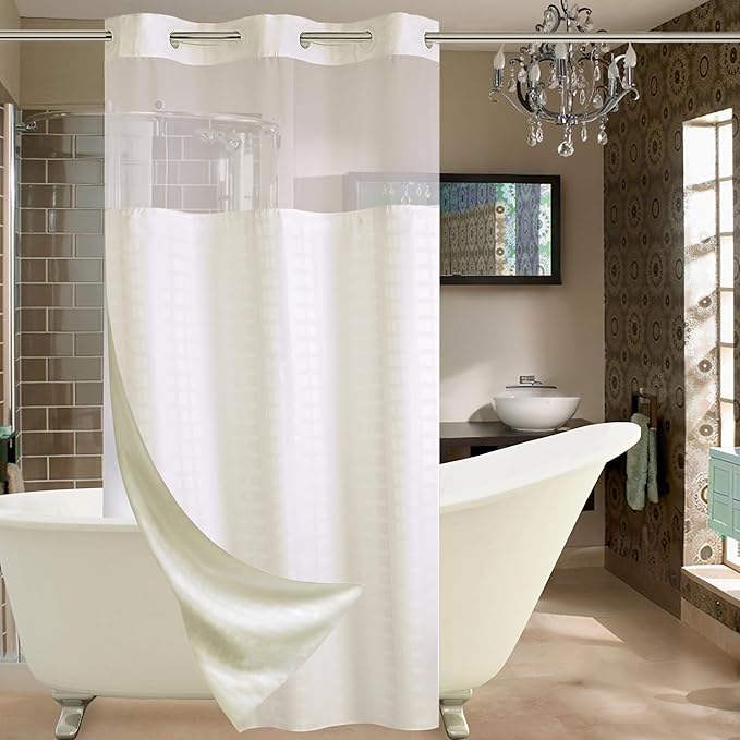 Conbo Mio Stall No Hook Shower Curtain with Snap in Liner Set, Hotel Luxury Beige Shower Curtains for Bathroom with See Through Top Window, Waterproof, Washable 36W x 74H