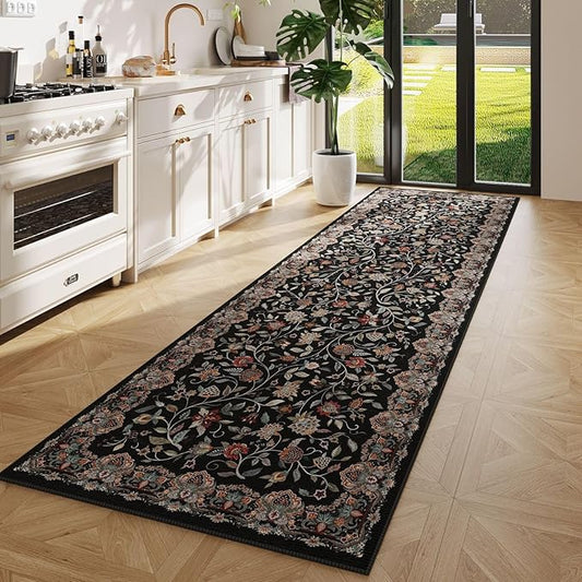 Rugcomf Vintage Paisley Runner Rug 2'7"x8' - Machine Washable, Non-Slip Low Pile Floral Carpet for Kitchen, Laundry, Bedroom, Bathroom - Black