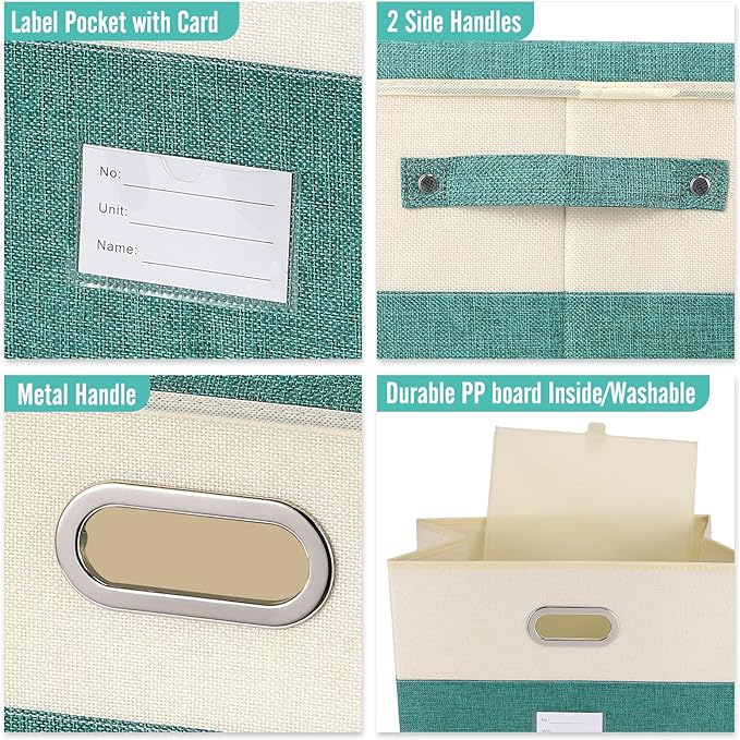 Large Linen Fabric Foldable Storage Bins with Removable Lid and Handles, Washable Storage Box Organizer Containers Baskets Cube with Cover for Bedroom,Closet,Office (Coffee&Cream, Medium)