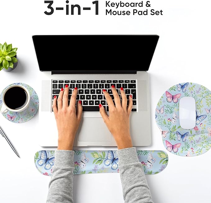 Ergonomic Keyboard Mouse Pad Wrist Rest Support Set for Laptop/Computer/Desktop,Memory Foam Hand Rest Wrist Cushion for Gaming/Office,Lightweight Comfortable & Pain Relief (Butterflies)