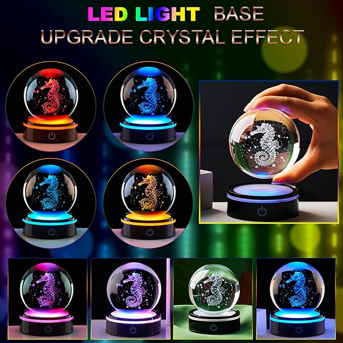 3D Seahorse Crystal Ball Figurine with LED Base, Seahorse Gifts for Women Men on Christmas Birthday, Glass Sea Horse Decor Globe Night Light for Home Office