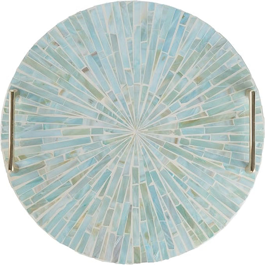 PEMAR Mother of Pearl Decorative Tray, 13" Round Display and Serving Tray with Gold Handles, Vanity/Perfume/Trinket Catchall for Dresser, Bathroom, Vanity Table (Teal Sunlight Starburst Pattern)