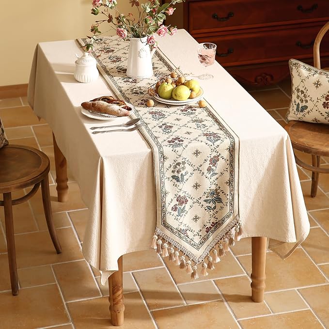 patdrea Designer Vintage Floral Linen Table Runner 102 Inch Long,Beige Cottage Rustic Bouquets Pattern Table Mat,Decor for Kitchen Dining Table Coffee Table Cabinet Banquet Christmas ,12"*102"