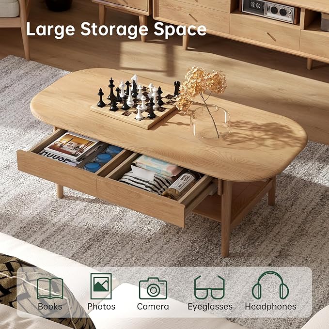 100% Solid Wood Coffee Table for Living Room, 2-Tier Living Room Table with 2 Drawers and Shelf Storage, Mid Century Modern Coffee Table for Home (Oak Natural Wood, 47.24'' W)