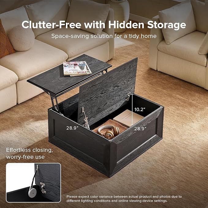 mopio Blake Lift Top Coffee Table with Storage, Modern Farmhouse Square Wood Center Coffee Table with Easy Lifting Top, Chamfered Edge & Soft Closing (Black Oak)