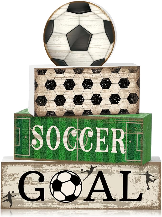 4 Pcs Soccer Party Decorations Soccer Table Centerpiece Football Tiered Tray Decor Wooden Ball Block Signs Gift Sports Themed Table Decorations for Boys Baby Shower Party Supplies Decor