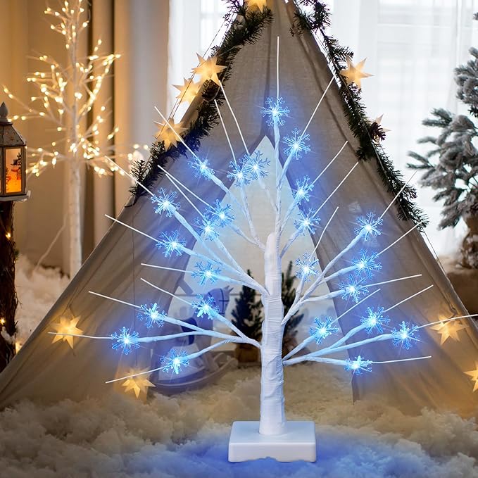 Retisee Snowflake Tree LED Light with 24 LED Lights Timer USB Battery Operated Christmas Snow Indoor Outdoor for Home Table Party Decor(Blue Color,Snowflake)