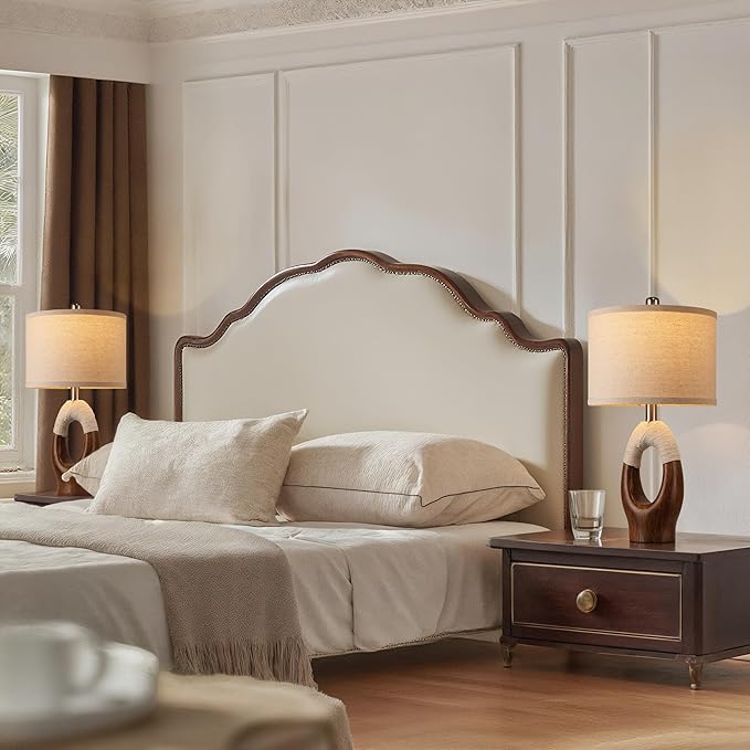 Set of 2 Boho Rattan Table Lamps,21" Farmhouse Rustic Table Lamp for Bedroom Night Stands,Wood Grain Color Resin Bedside Lamps with Linen Shades for Living Room Coastal Beach Decor(Bulbs Not Included)