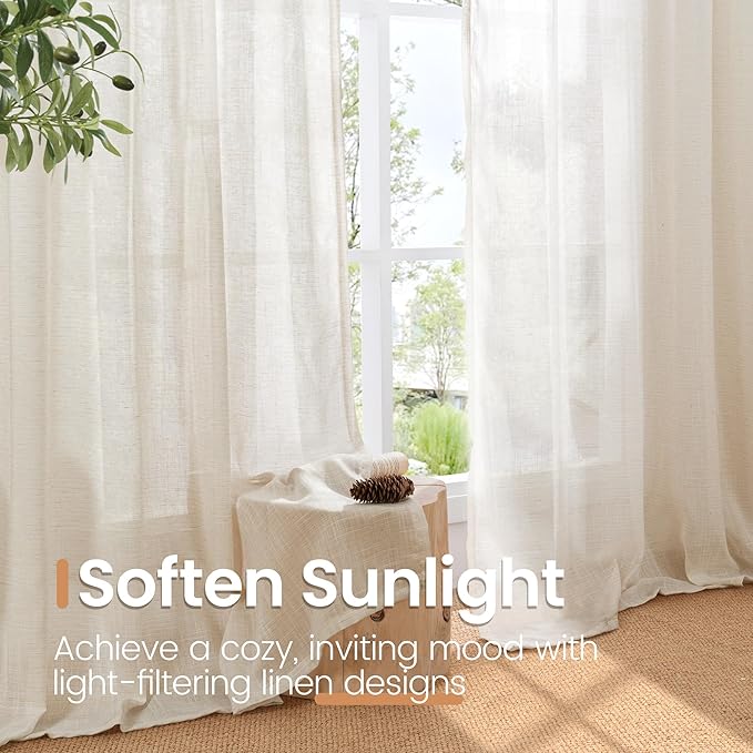 BGment Oatmeal Linen Curtains 40 Inch Length for Kitchen Cafe Window - Half Window Drapes Semi Sheer with Rod Pocket Light Filtering for Bathroom Lightweight, 2 Panels Set, 30 X 40 Inch