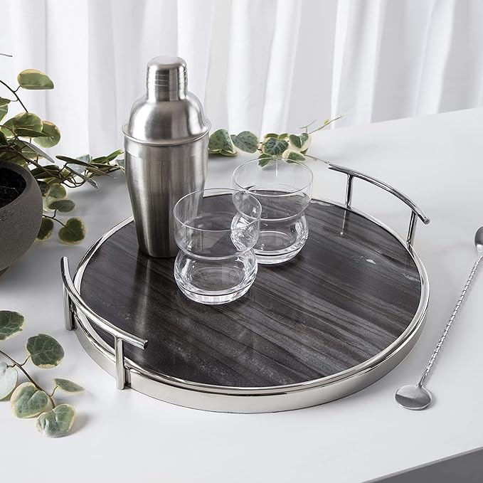 Kate and Laurel Marbury Modern Round Tray, 15 x 14 x 3, Gray Marble and Silver, Contemporary Marble Tray for Storage and Display