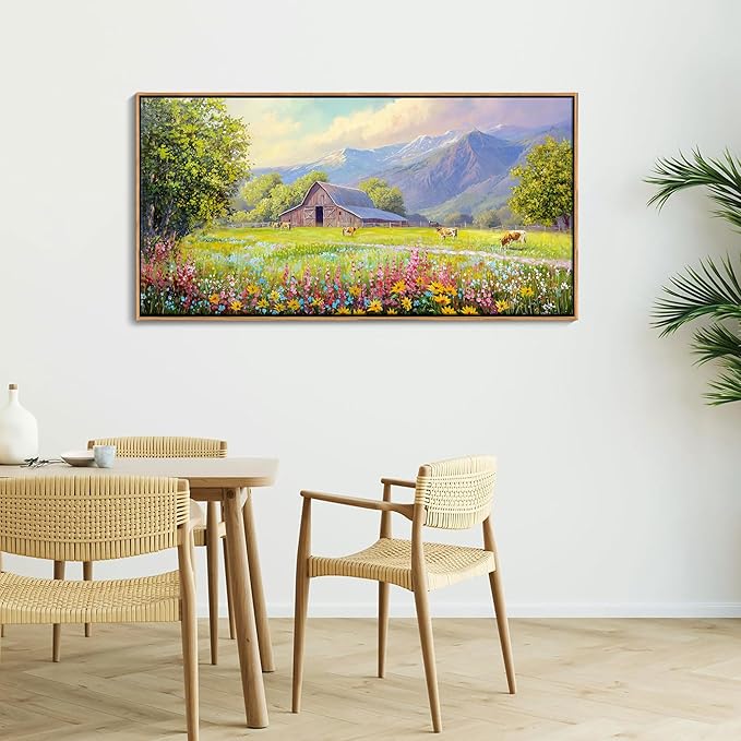 AJAZIKO Rustic Mountain Wall Art - Farmhouse Landscape Wall Decor with Highland Cow & Floral Art - Nature & Country Artwork for Living Room, Bedroom & Walls - Framed Flower Pictures for Home 20x40IN