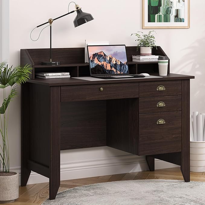 4 EVER WINNER Small Desk with Drawers, Office Desk with File Drawer and Monitor Stand, Writing Desk Study Table for Small Spaces, Espresso