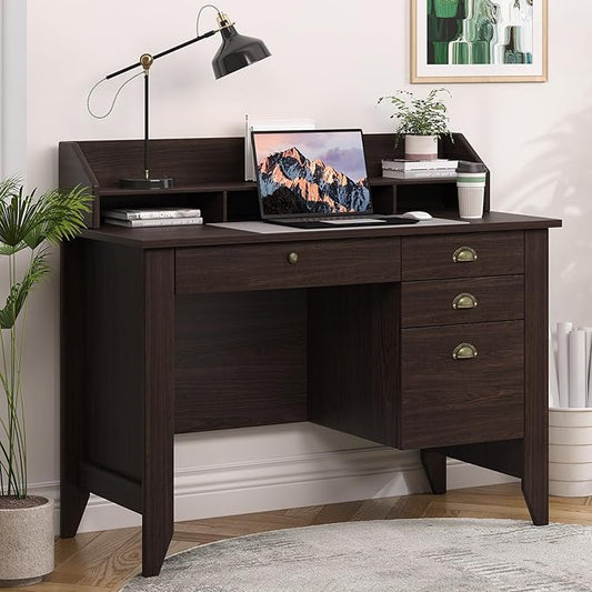 4 EVER WINNER Small Desk with Drawers, Office Desk with File Drawer and Monitor Stand, Writing Desk Study Table for Small Spaces, Espresso