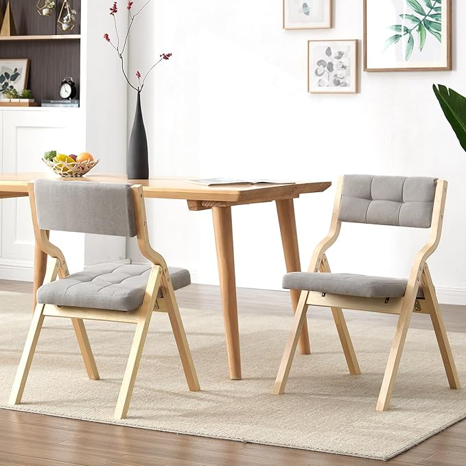2-Pack Folding Dining Chairs with Cushion,Padded Foldable Dining Chairs,Portable Wooden Folding Chairs for Dining Rooms Kitchen Wedding and Party Indoor LIGHTGREY