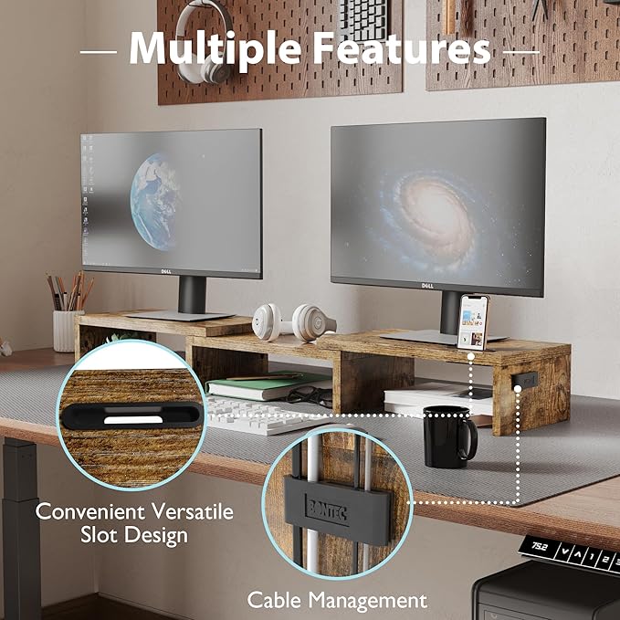 BONTEC Dual Monitor Stand for Desk, Adjustable Length and Angle Monitor Stand Riser with Smartphone Holder, Desk Shelf for Top of Desk, Computer Monitor Stand with Storage, Office Desk Organizer, Rustic Brown