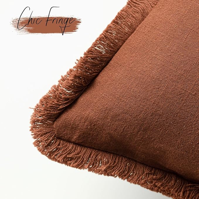 Foindtower Set of 2 Decorative Linen Fringe Throw Pillow Covers Farmhouse Cushion Cover with Tassels Soft Accent Pillowcase for Couch Chair Sofa Bed Living Room Home Decor,24×24 Inch,Fall Rust Orange