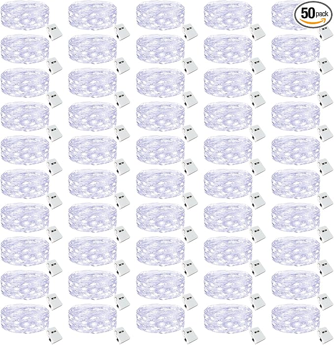 btfarm 50 Pack LED Fairy Lights Battery Operated [3 Modes] Twinkle Lights, 7FT 20 LED Mini String Lights Mason Jars Silver Wire Small Christmas Wedding Party, Cold White