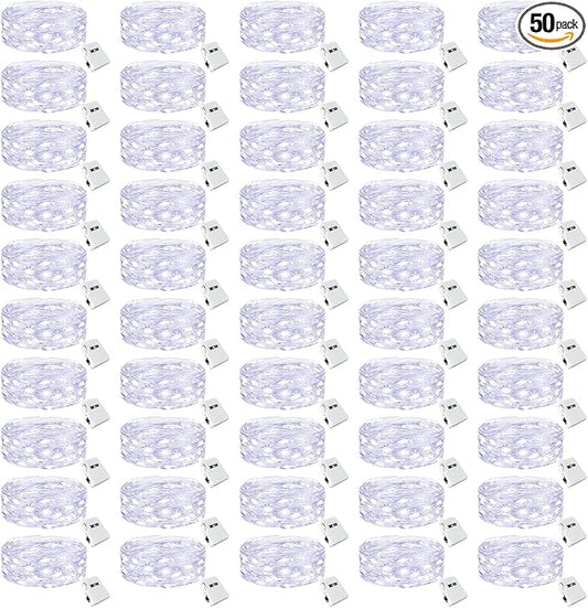 btfarm 50 Pack LED Fairy Lights Battery Operated [3 Modes] Twinkle Lights, 7FT 20 LED Mini String Lights Mason Jars Silver Wire Small Christmas Wedding Party, Cold White