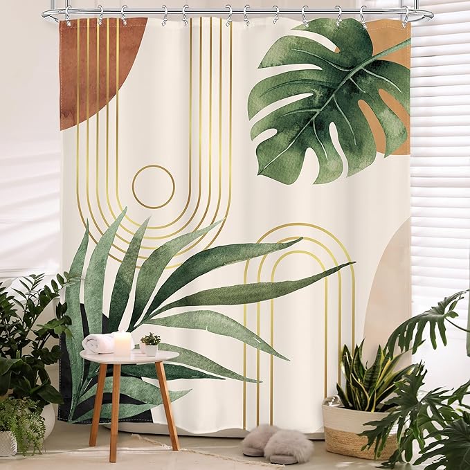 Glawry Boho Sage Green Shower Curtain 60Wx72L Inches, Abstract Bohemian Mid Century Bathroom Curtains, Plant Botanical Palm Leaf Cute Decor Fabric Shower Curtain Set Bathroom Rugs Waterproof 12 Hooks