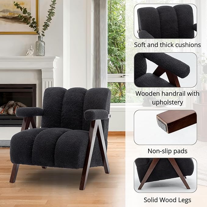 Mid Century Modern Accent Chairs Set of 2 with Solid Wood Frame, Boucle Upholstered Living Room Chairs with Thick Cushion, Comfy Tufted Arm Chair for Bedroom, Black