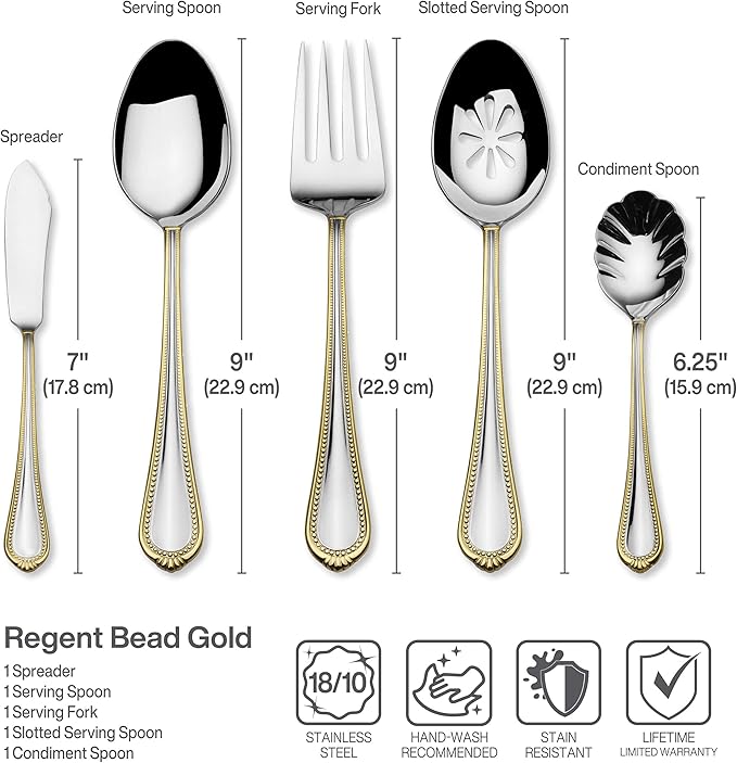 Mikasa, Gold Accent Regent Bead Flatware Service for 12, 65 Piece Set, 18/10 Stainless Steel, Silverware Set with Serving Utensils