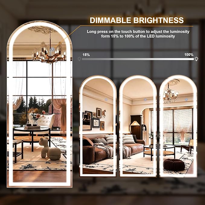 26x65 inch Full Length Mirror with Lights, LED Lighted Floor Standing, Hanging Full Length with Stand, Full Body Dressing Mirror with Dimmable 3 Color LED