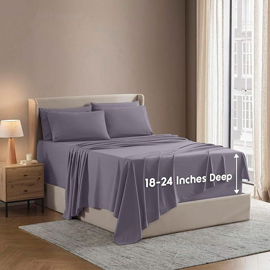 Nestl Extra Deep Full Sheet Set - 6 Piece Breathable & Cooling Sheets - Hotel Luxury Bedding Set w/18-24 Inch Deep Pockets - Easy & Secure Fit - Super Soft, Wrinkle Free & Comfy - Grayish Purple