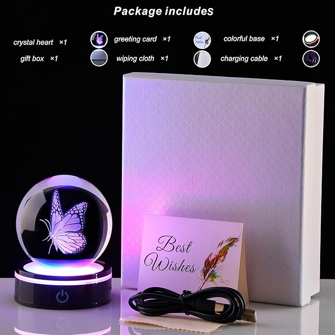 3D Crystal Ball Butterfly Statue, Colorful LED Base, Birthday Gifts for Men and Women, Gratitude Gifts, Family, Teachers, Friends, Girlfriends, Butterfly Decoration Glass Ball