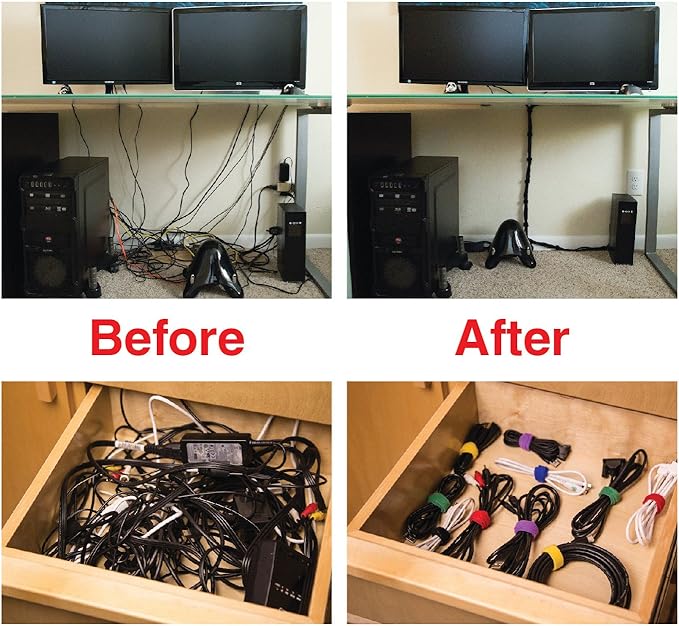 Reusable Cable Ties 1/2" x 6" for Cable Management and Organizing Cords - 30 Pack Bundled with 2 Bonus Cinch Straps (Black)