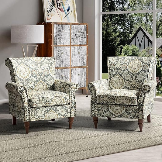 HULALA HOME Modern Wingback Accent Chairs Set of 2 with Wood Legs & Removable Cushion, Comfy Upholstered Armchairs with Nailhead Trim, Floral Pattern Single Sofa Chairs for Living Room Bedroom, Pine