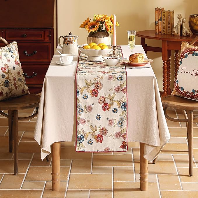 patdrea Designer Farmhouse Linen Thick Table Runner, Rustic Cottage Beige with Floral Pattern Fabric Table Mat, Decoration for Kitchen Dining Thanksgiving New Year Banquet Christmas, 12"*87"