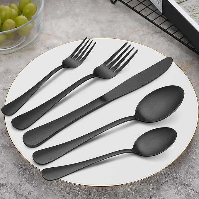 Herogo 40-Piece Matte Black Silverware Set with Drawer Organizer, Stainless Steel Flatware Cutlery Set for 8, Modern Tableware Eating Utensils with Tray, Dishwasher Safe, Satin Finish