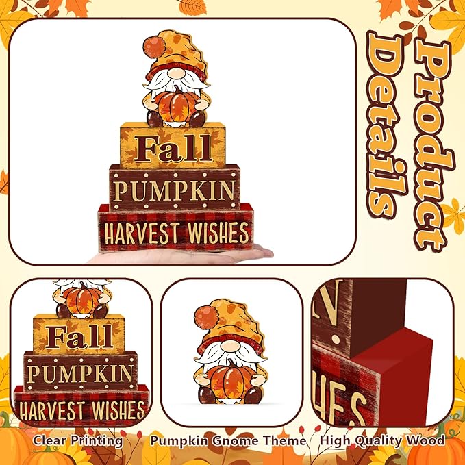4 Pcs Fall Decorations for Home Thanksgiving Gnome Tiered Tray Decor, Fall Table Decor Farmhouse Rustic Wooden Gnome Pumpkin Block Sign Autumn Tabletop Centerpieces for Home Kitchen Indoor