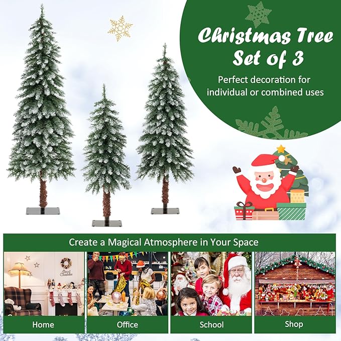 GOFLAME Set of 3 Prelit Christmas Tree, Pencil Artificial Christmas Tree 3Ft, 4Ft and 5Ft with Warm White LED Lights, Slim Christmas Trees with Snowy Leaves, Xmas Decoration Tree for Home Office Party