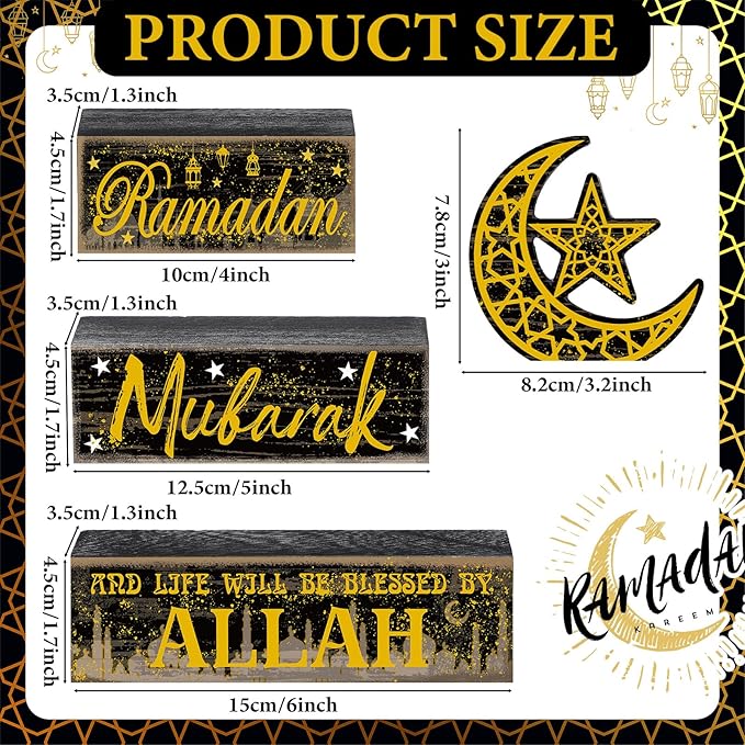 4 Pcs Ramadan Mubarak Table Decor Wooden Eid Mubarak Tabletop Signs for Home Black and Gold Muslim Islam Ramadan Mubarak Centerpiece for Islamic Gifts Kareem Home Table Decor