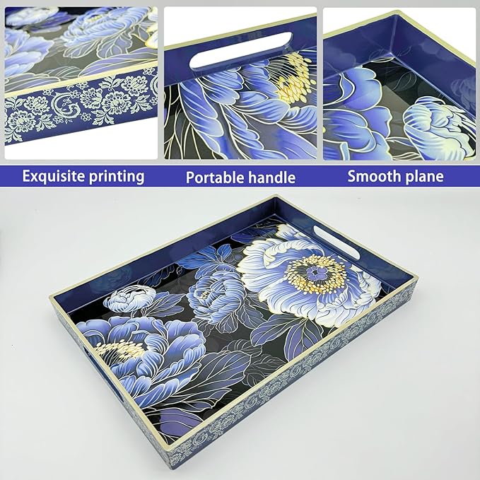 Serving Tray with Handles, 15.7 * 11.8 inches, Plastic Ottoman Tray with Exquisite Paintings, Trays for Coffee Table
