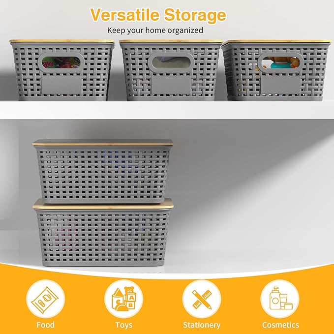 6 Pieces Gray Plastic Storage Baskets with Bamboo Lids with Labels Stackable Storage Containers for Organizing Shelves Drawers Desktop Closets Playroom Classroom Office