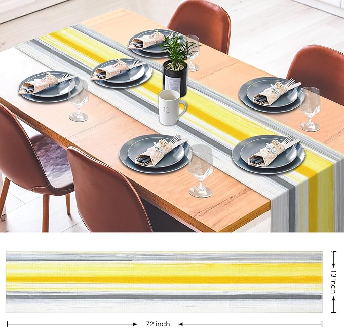 Emvency Yellow Abstract Table Runner, Modern Grey White Striped Dining Decor for Kitchen Coffee Table Family Dinners Holiday Parties Wedding Events Decor(13x72 inch)
