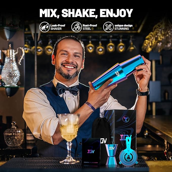 IOV Boston Cocktail Shaker Bar Set, Bartender Kit Drink Mixer Set with 18 oz & 28 oz Boston Shakers, Hawthorne Strainer, Double Jigger, Bar Tool Kit and Recipe Booklet - Rainbow